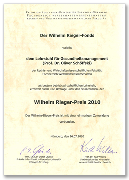 Urkunde Rieger Preis 2010
