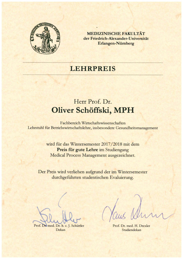 Bild der Urkunde: Preis für gute Lehre 2017 2018 für Prof. Dr.Oliver Schoeffski, MPH